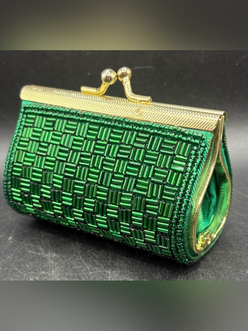Mary McFadden Vintage Emerald Green Beaded Coin Purse Micro Mini Clutch Bag